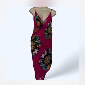 Pink and yellow floral print bathing suit cover up dress with spaghetti straps